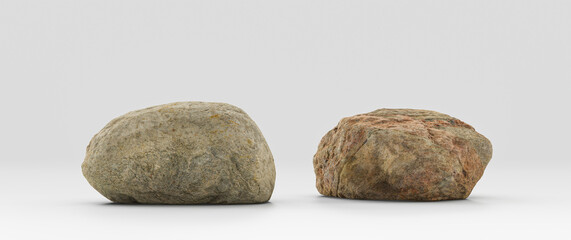 Two piece Isolated realistic rocks in white background, 3d Rendering