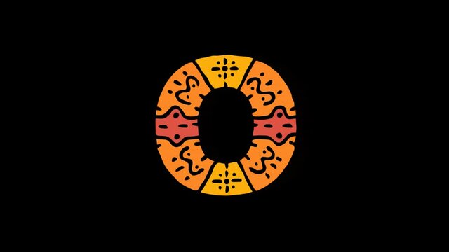 Letter O. 4K, Transparent Alpha channel. Cartoon Animation, Shake twitch effect. Ethnic ornament, national folk pattern in letter. 3 colors. Capital Letter O for ABC education, erudition, game.