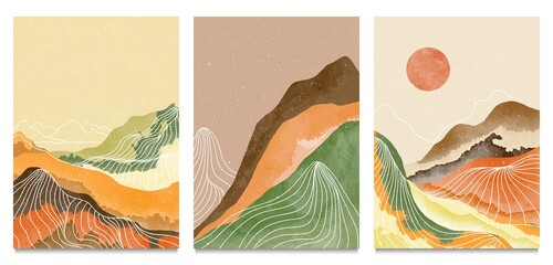 Natural abstract mountain on set with line art. Mid century modern minimalist art print. Abstract backgrounds landscape. vector illustrations © gina