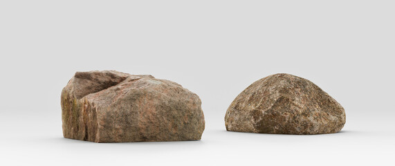 Two piece Isolated realistic rocks in white background, 3d Rendering