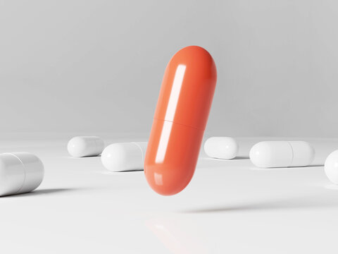 Red pill floating in white studio with white capsules around. Covid-19 medicine. Collagen, supplements, painkillers concept. 3d render