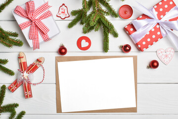 Christmas composition. Happy New Year and Merry Christmas. A festive table with gifts.