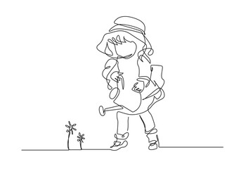 Girl Watering Flowers Continuous Line Drawing. Cute Girl Silhouette One Line Drawing. Gardening Works Vector Illustration in Minimalist Style for Modern Design: Prints, Wall Art, Posters, Social Media