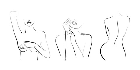 Minimalistic Female Figure One Line Drawing Set. Linear Woman Body. Female Body Modern Abstract Line Art Drawing. Vector Illustration.