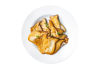 fried grill eryngii slice oyster mushroom king mushrooms eringi meal snack on the table copy space food background 