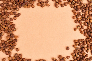 Coffee background. Frame with coffee beans on pastel background. Copy space. Top view