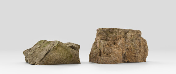 Two piece Isolated realistic rocks in white background, 3d Rendering