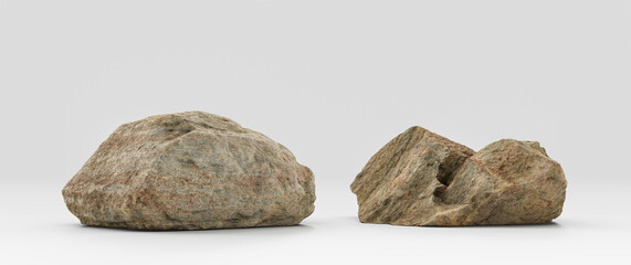 Two piece Isolated realistic rocks in white background, 3d Rendering