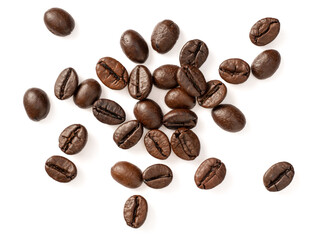 roasted coffee beans isolated on white background, top view