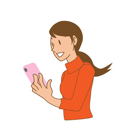 スマートフォンを見る笑顔の女性