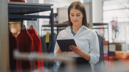Clothing Store: Female Visual Merchandising Specialist Uses Tablet Computer To Create Stylish Collection. Fashion Shop Sales Retail Manager Checks Stock. Small Business Owner Orders Merchandise - obrazy, fototapety, plakaty
