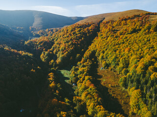 aerial landscape view of autumn carpathian mountains