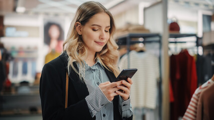 Beautiful Smiling Female Customer Shopping in Clothing Store, Using Smartphone, Browsing Online, Comparing on Internet, Choosing Stylish Clothes. Fashionable Shop, Colorful Brands, Sustainable Designs