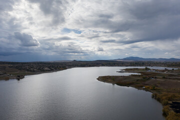 Emre Lake (Gölü) Historical Phrygian (Frig) valley within the boundaries of nature park a beautiful pond where you can have fun with bikes, canoe, ATV tours. Aerial view, Afyon - TURKEY