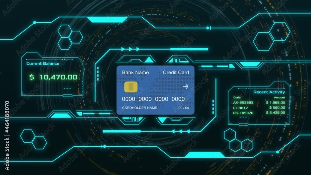 Poster futuristic interface for checking credit card balance and transactions, concept of finance and new t