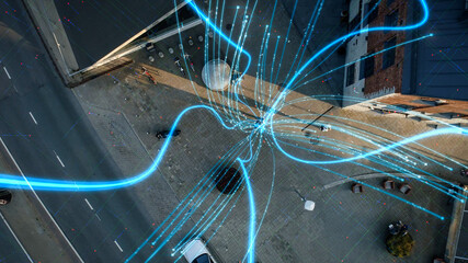 VFX and E-Commerce Visualization of Information Lines Flying from Mobile Phone into Global Digital Network.  Top Down Aerial Drone Shot in Business Downtown District.