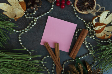 Happy New Year. Holiday Decoration or postcard concept with flat lay copy space