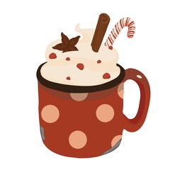 Tea time. Cozy winter. Metal red mug with white polka dots. Spices, cinnamon. Christmas caramel. Coffee, tea, cocoa, hot chocolate. Whipped cream. Vector colorful element on a white background