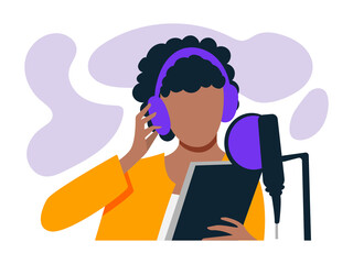 Young African American woman is recording a podcast. Black woman with headphones and a microphone, drawn in a flat style. Vector illustration