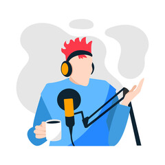 Young trendy man is recording a podcast with a cup of coffee in his hand. Guy with headphones and a microphone in a recording studio, drawn in a flat style. Vector illustration