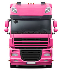 Front view of a pink European truck isolated on a white background.