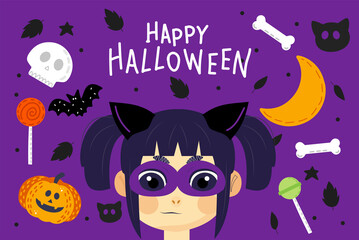 Happy Halloween banner or party invitation background with night kid and halloween elements with cartoon style. Vector illustration. Pattern, lettering. Place for text