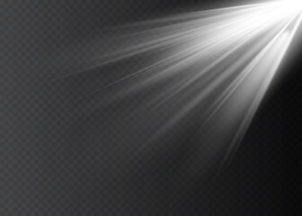 White glowing light explodes on a transparent background. Vector illustration of light decoration effect with ray