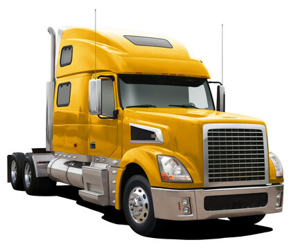Yellow American truck, front side view, isolated on white background.