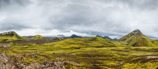 Beautiful Icelandic panorama with mountains, sky and clouds. Trekking in national park Landmannalaugar