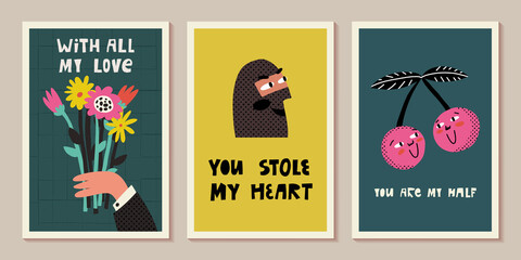 Valentine's Day cards. With all my love lettering, a bunch of flowers, You stole my heart and a thief, You are my half.