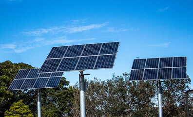 Solar panels green energy set on poles against blue sky with trees in background