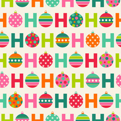 Colorful “Hohoho” with christmas balls seamless pattern. Santa claus laugh.