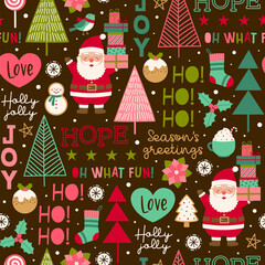 Cute santa claus, pine trees and christmas elements seamless pattern.