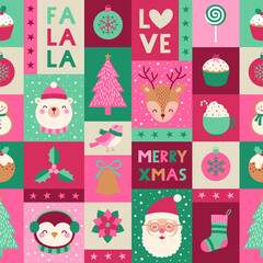 Cute christmas elements seamless grid pattern.