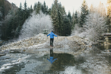 Man with trekking poles hiking in forest