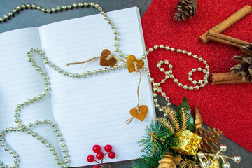 Happy New Year. Holiday Decoration or postcard concept with flat lay copy space