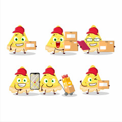 Fototapeta premium Cartoon character design of slice of cheese tart working as a courier