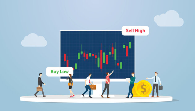 short selling stock market strategy concept with people analysis data on chart with modern flat style