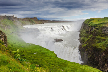 Amazing huge beautiful waterfall Gullfoss, famous landmark in Iceland