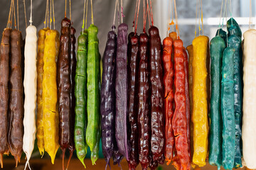 Multicolored Georgian sweetness churchkhela close-up