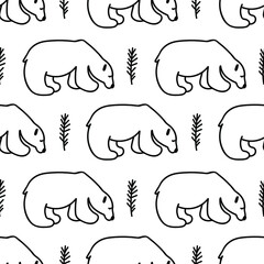 Seamless vector pattern with reindeer and polar bear hand drawn in black. Christmas repeating print in doodle style.Design for textiles,packaging,social media,wrapping paper,scrapbook paper,fabric. 
