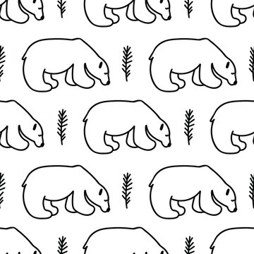 Seamless vector pattern with reindeer and polar bear hand drawn in black. Christmas repeating print in doodle style.Design for textiles,packaging,social media,wrapping paper,scrapbook paper,fabric. 
