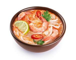 Tom yum noodle soup with spices and shrimp isolated on white background. With clipping path.