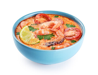 Tom yum noodle soup with spices and shrimp isolated on white background. With clipping path.