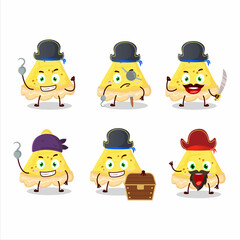 Cartoon character of slice of cheese tart with various pirates emoticons