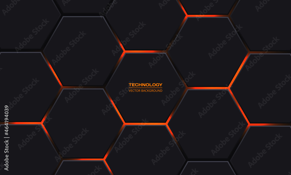 Poster Dark gray hexagonal technology vector abstract background. Orange bright energy flashes under hexagon in modern technology futuristic background vector illustration. Dark gray honeycomb texture grid.