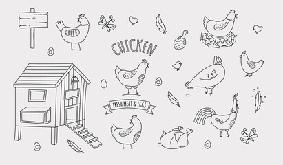 chicken farm organic eggs and meat icon set - 464195223