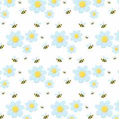 Hand-drawn seamless pattern with flowers and bees. Delicate pattern with daisies.