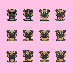 12 pug dog expressions, pug dog emoticon bundle