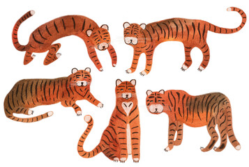 Set with watercolor tigers to decorate the design. Set of cartoon characters of wild nature. The tiger pattern is wild